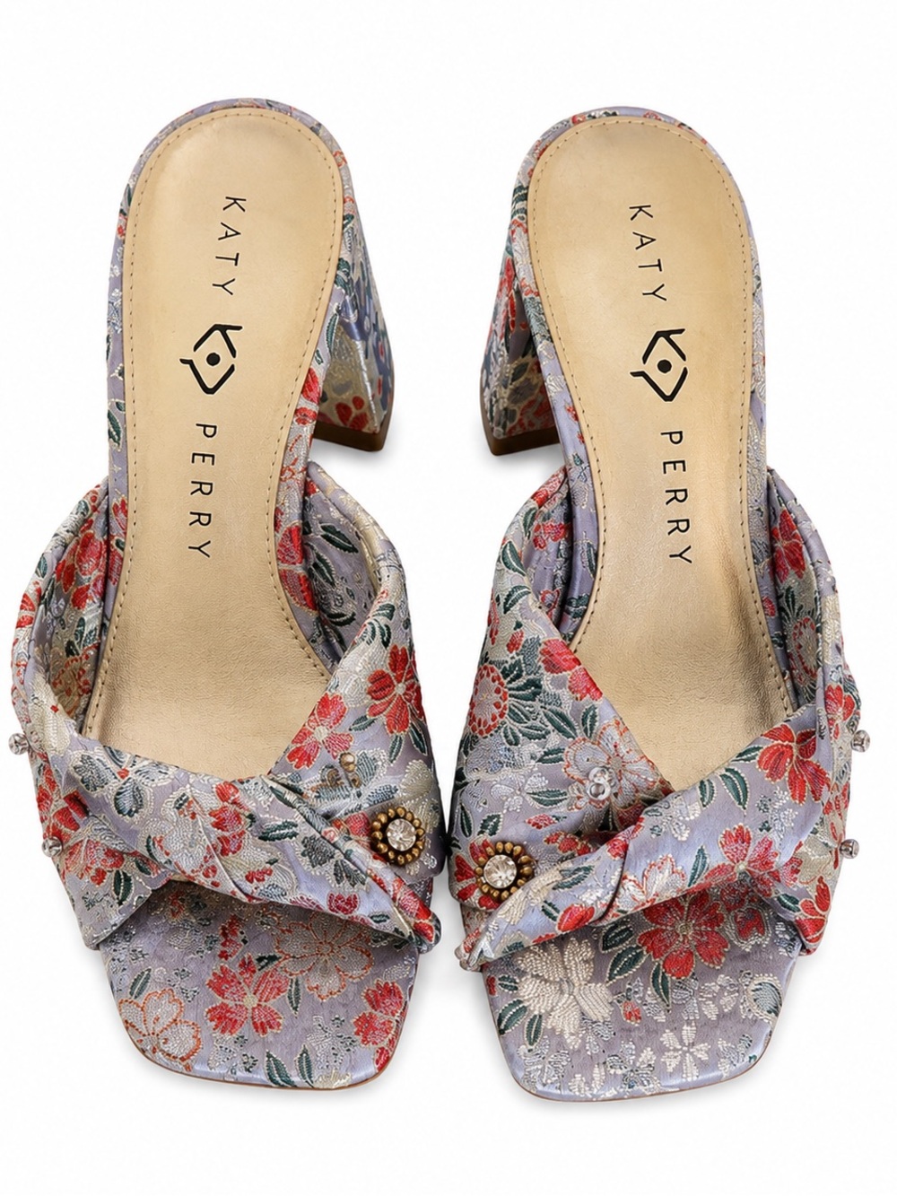 Katy Perry Floral Mules Satin-like Fabric with Jeweled Detail Block Heel Size 7